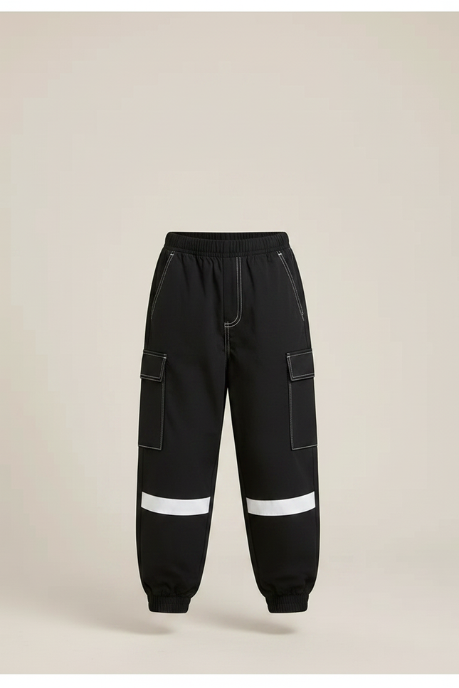 Pantalon Fluide Noir Ample Cargo Bandes Blanches - Polyester - vue 3