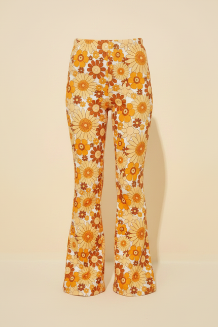 Pantalon Fluide Évasé Imprimé Floral Rétro Orange Confortable - Maille - vue 3