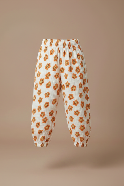 Pantalon Fluide Écru Muslin Imprimé Fleurs Smiley Enfant - Coton - vue 3