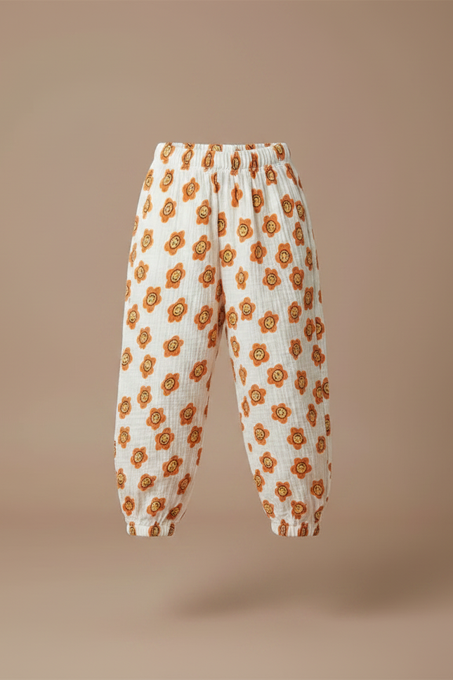 Pantalon Fluide Écru Muslin Imprimé Fleurs Smiley Enfant - Coton - vue 3