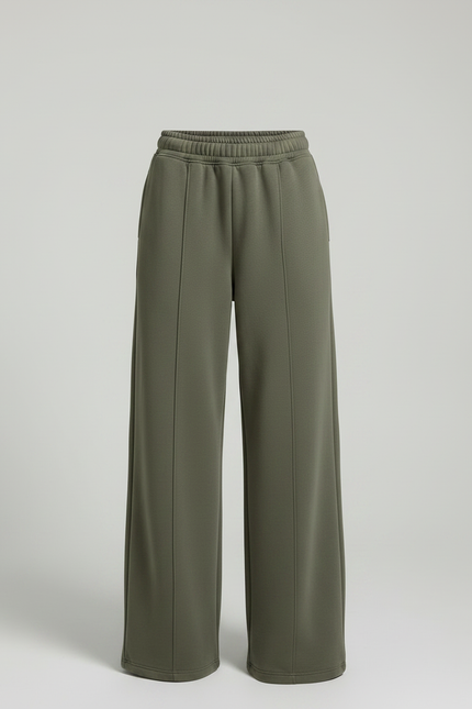 Pantalon Fluide Vert Ample Taille Haute Décontracté - Kaki Molleton - vue 3