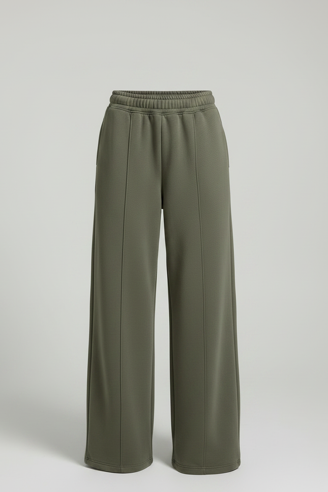Pantalon Fluide Vert Ample Taille Haute Décontracté - Kaki Molleton - vue 3