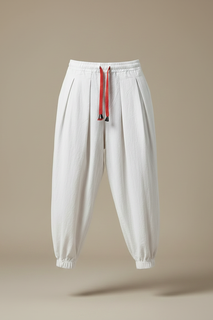 Pantalon Fluide Blanc Ample Coton Plissé Cordon - Lin - vue 3