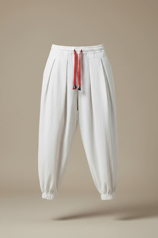 Pantalon Fluide Blanc Ample Coton Plissé Cordon - Lin - vue 3