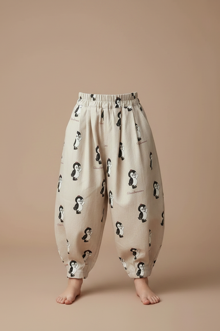 Pantalon Fluide Beige Ample Imprimé Pingouin Décontracté Enfant - Lin - vue 3