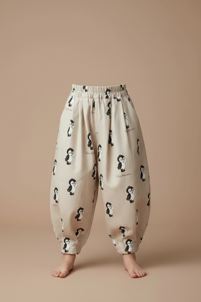 Pantalon Fluide Beige Ample Imprimé Pingouin Décontracté Enfant - Lin - vue 3