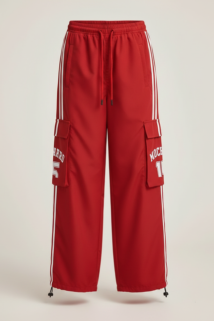 Pantalon Fluide Rouge Cargo Rayures Blanches Ample - Polyester - vue 3