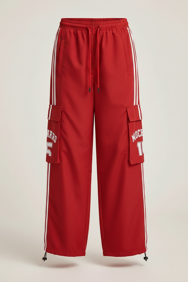 Pantalon Fluide Rouge Cargo Rayures Blanches Ample - Polyester - vue 3