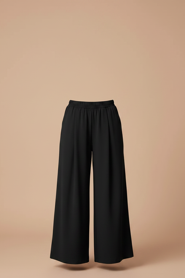 Pantalon Fluide Noir Ample Taille Élastique Plissé - Polyester - vue 3