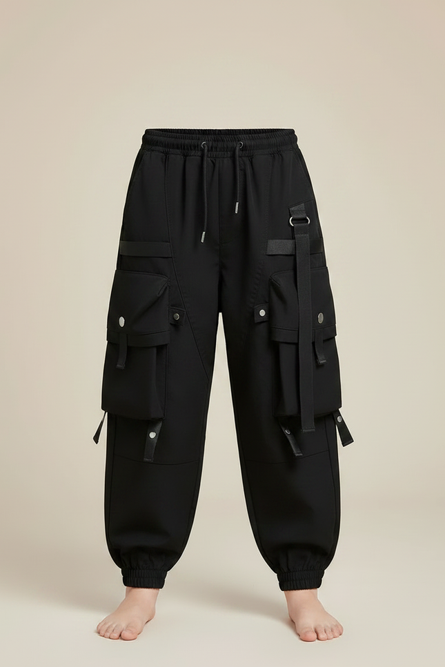 Pantalon Fluide Noir Cargo Ample Garçon Streetwear - Polyester - vue 3