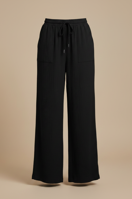 Pantalon Fluide Noir Ample Coton Décontracté Cordon - vue 3