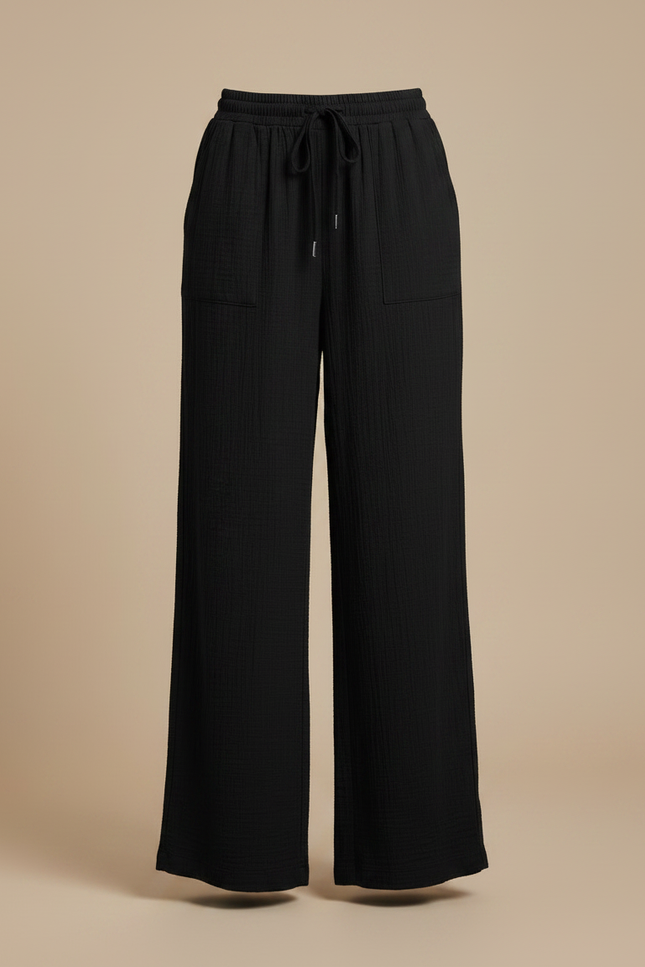 Pantalon Fluide Noir Ample Coton Décontracté Cordon - vue 3
