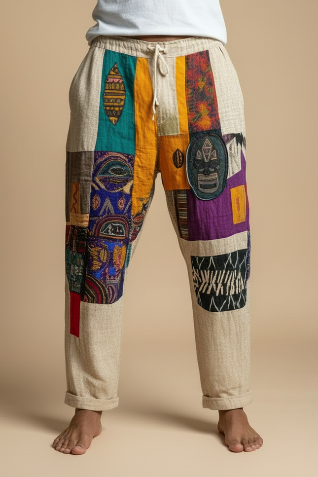 Pantalon Fluide Patchwork Ethnique Coloré Ample Coton Homme - Multicolore - vue 3