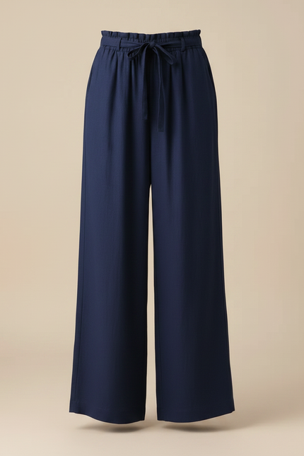 Pantalon Fluide Bleu Marine Ample Taille Haute Lin - vue 3