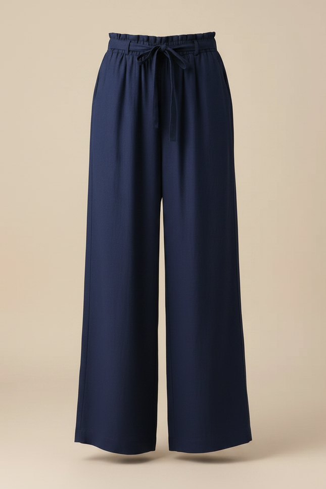 Pantalon Fluide Bleu Marine Ample Taille Haute Lin - vue 3