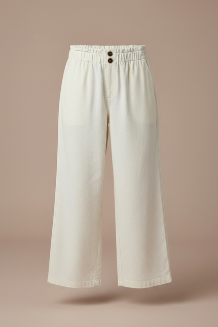 Pantalon Fluide Écru Coton Ample Décontracté Boutons - Beige - vue 3