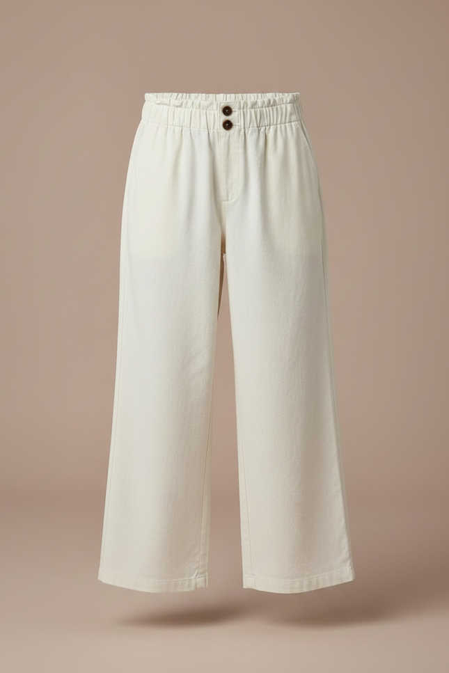 Pantalon Fluide Écru Coton Ample Décontracté Boutons - Beige - vue 3