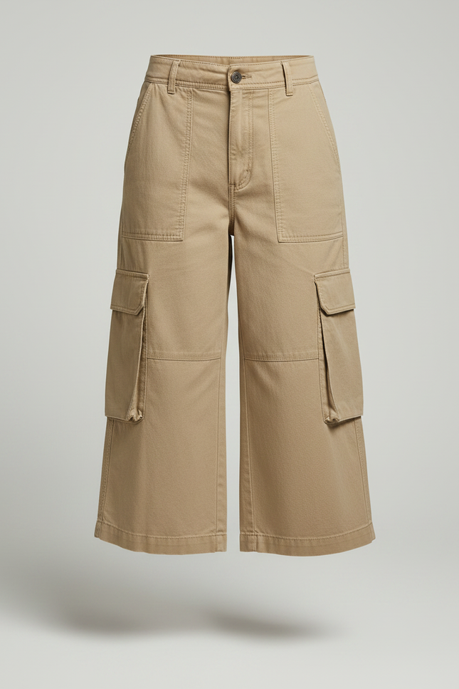Pantalon Fluide Cargo Beige Coton Ample Court - Toile - vue 3