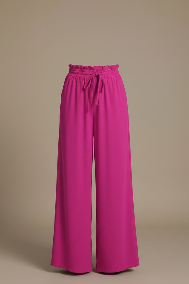 Pantalon Fluide Fuchsia Ample Taille Haute Cordon Décontracté - Rose Viscose - vue 3