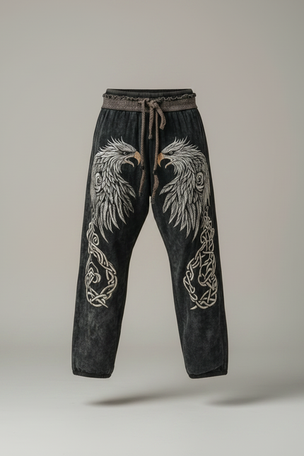 Pantalon Fluide Noir Brodé Aigle Viking Ample Homme - Velours - vue 3