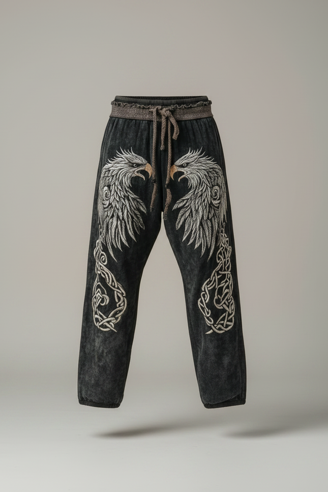 Pantalon Fluide Noir Brodé Aigle Viking Ample Homme - Velours - vue 3