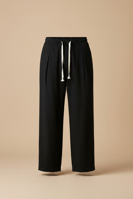 Pantalon Fluide Noir Ample Cordon Décontracté - Lin - vue 3