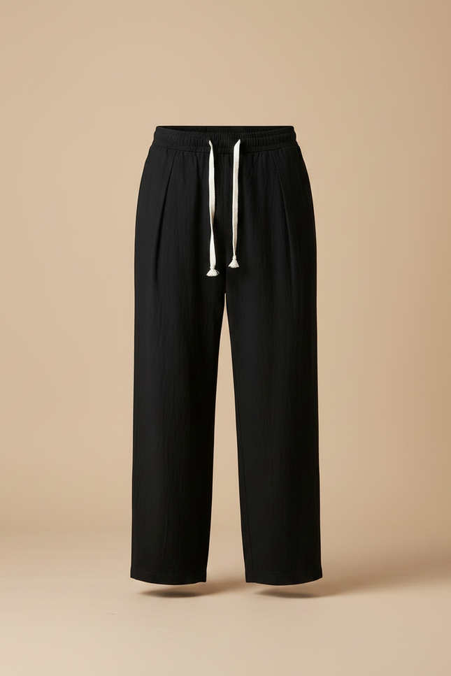 Pantalon Fluide Noir Ample Cordon Décontracté - Lin - vue 3
