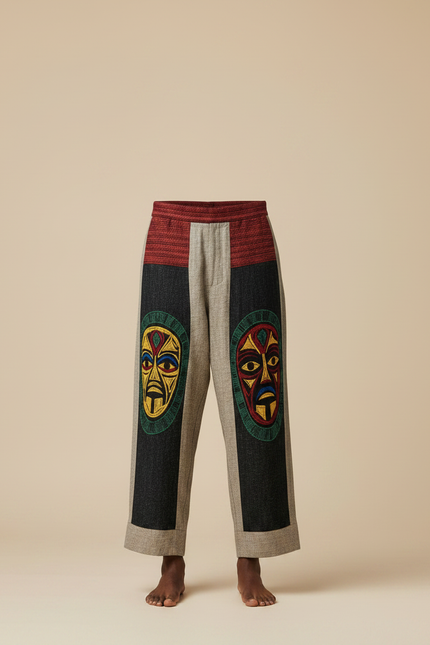 Pantalon Fluide Ethnique Ample Imprimé Totem Confortable - Multicolore Lin - vue 3