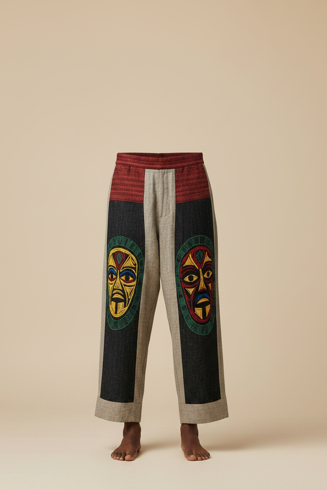 Pantalon Fluide Ethnique Ample Imprimé Totem Confortable - Multicolore Lin - vue 3