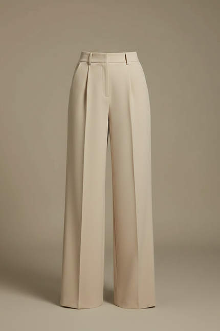 Pantalon Fluide Beige Large Taille Haute Plissé Elégant - Polyester - vue 3