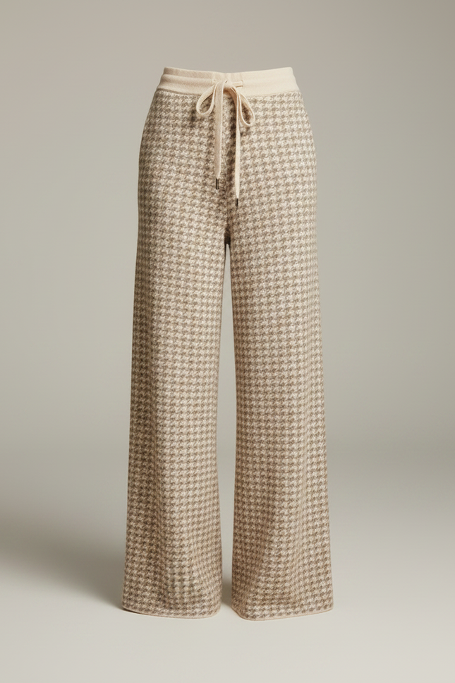 Pantalon Fluide Écru Ample Cordon Pied-de-poule - Beige Maille - vue 3