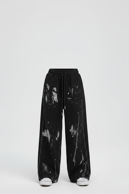 Pantalon Fluide Noir Ample Peinture Éclaboussures Décontracté - Molleton - vue 3