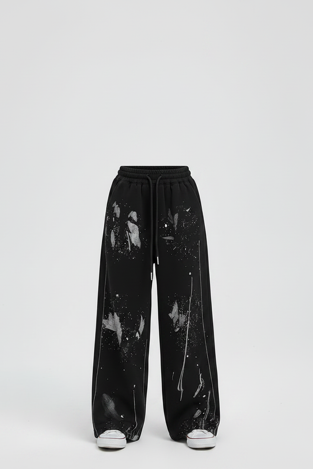 Pantalon Fluide Noir Ample Peinture Éclaboussures Décontracté - Molleton - vue 3