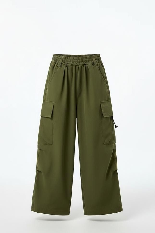 Pantalon Fluide Cargo Vert Ample Décontracté Enfant - Kaki Viscose - vue 3
