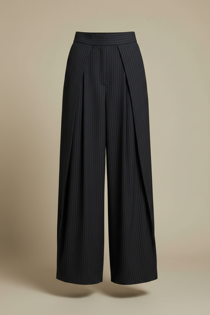 Pantalon Fluide Rayé Noir Plissé Ample Élégant - Laine - vue 3