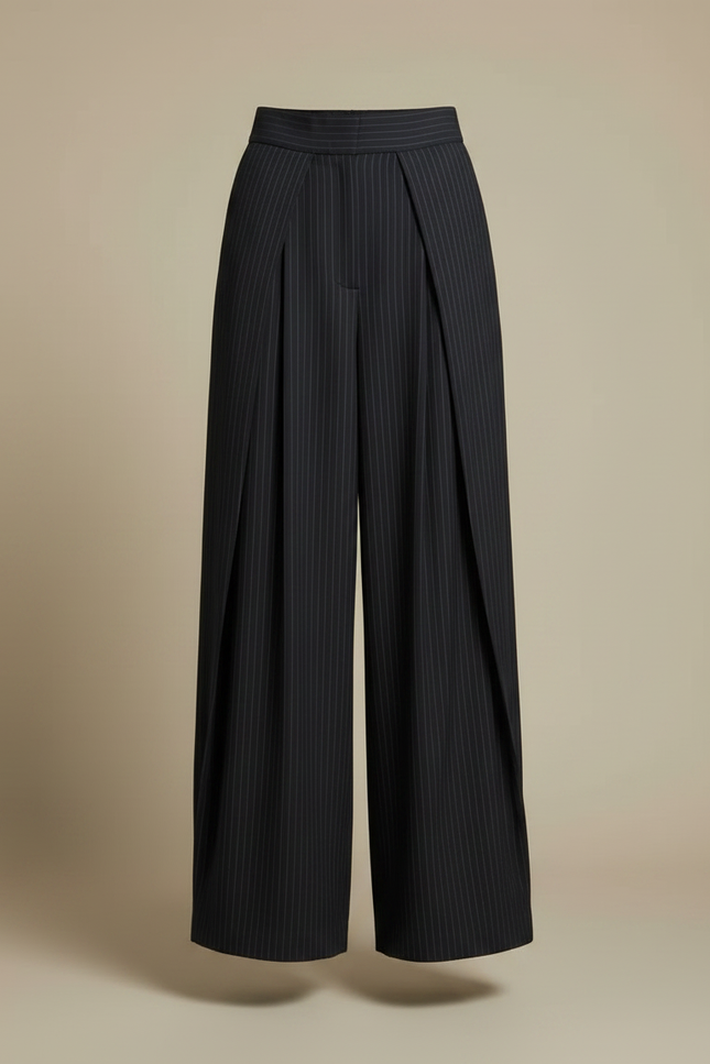 Pantalon Fluide Rayé Noir Plissé Ample Élégant - Laine - vue 3