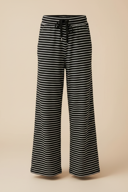Pantalon Fluide Rayé Noir Blanc Ample Cordon Confortable - Imprimé Maille - vue 3