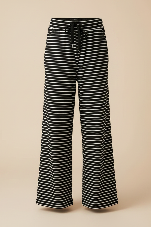 Pantalon Fluide Rayé Noir Blanc Ample Cordon Confortable - Imprimé Maille - vue 3