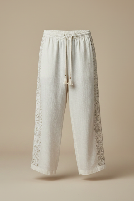 Pantalon Fluide Écru Lin Ample Ethnique Cordon Homme - Beige - vue 3