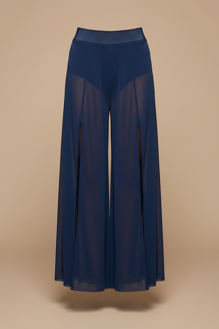 Pantalon Fluide Bleu Marine Transparent Fendu Large Élégant - Polyester - vue 3