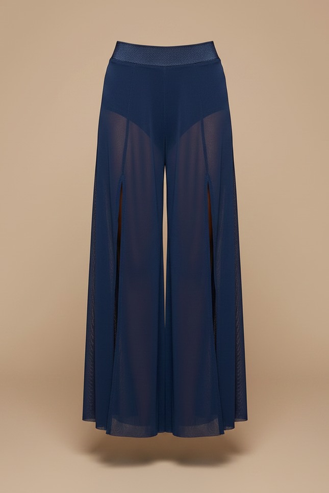 Pantalon Fluide Bleu Marine Transparent Fendu Large Élégant - Polyester - vue 3