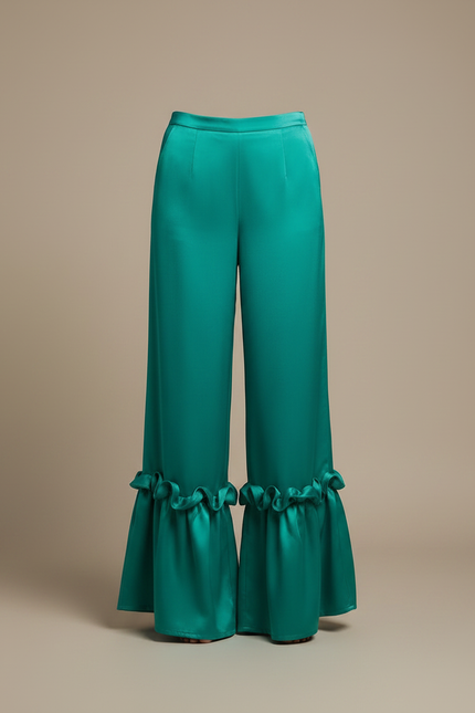 Pantalon Fluide Vert Émeraude Satin Volants Ample - vue 3