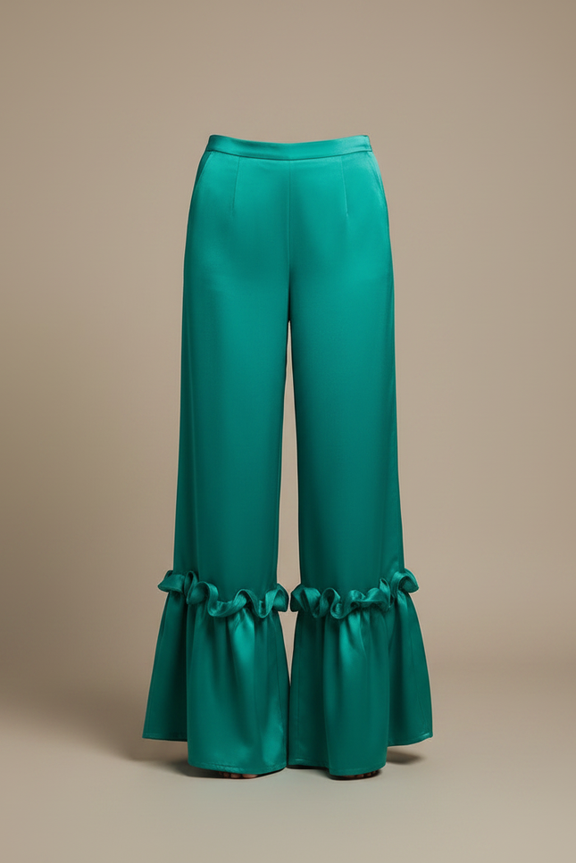 Pantalon Fluide Vert Émeraude Satin Volants Ample - vue 3