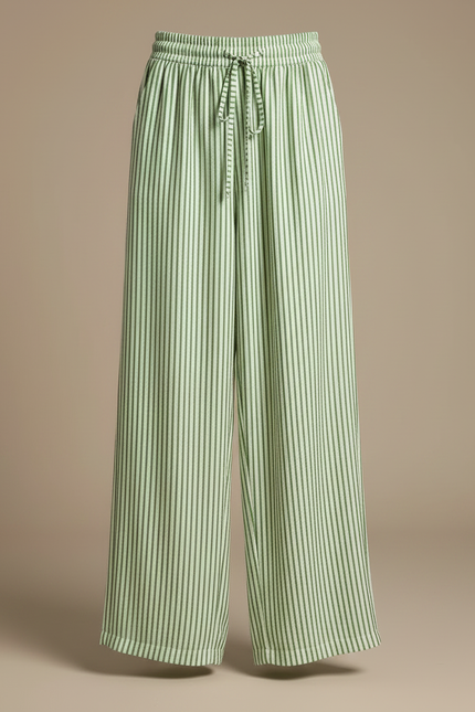 Pantalon Fluide Rayé Vert Cordon Ample Décontracté - Lin - vue 3