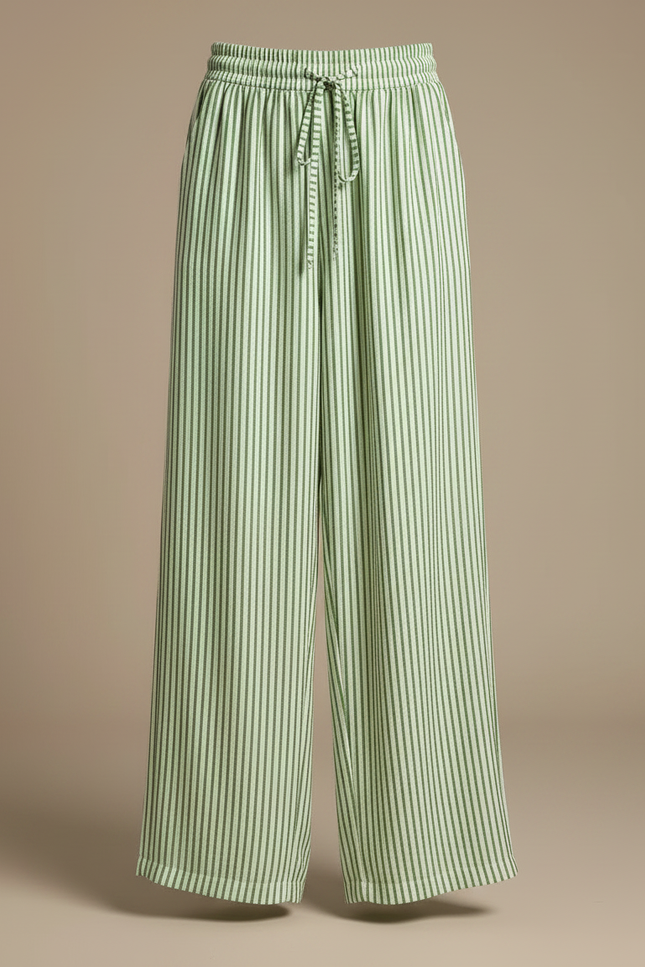 Pantalon Fluide Rayé Vert Cordon Ample Décontracté - Lin - vue 3