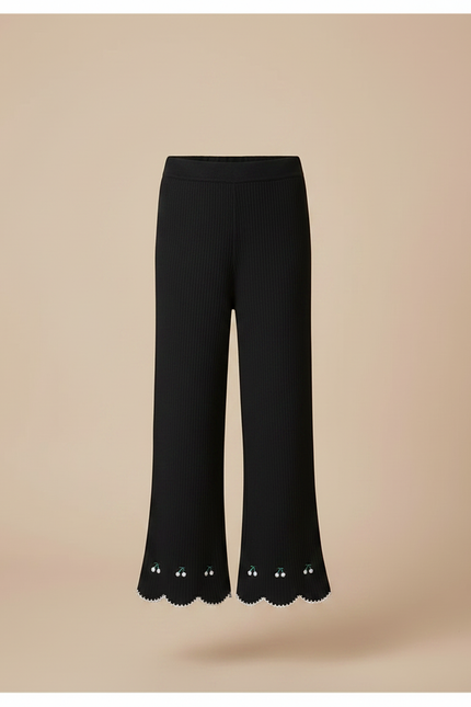 Pantalon Fluide Noir Côtelé Évasé Brodé Cerises Fille - Maille - vue 3
