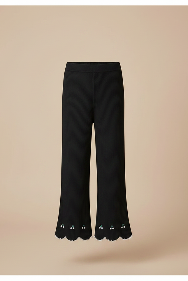 Pantalon Fluide Noir Côtelé Évasé Brodé Cerises Fille - Maille - vue 3