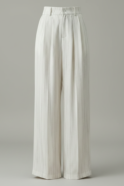 Pantalon Fluide Blanc Rayé Ample Taille Haute Élégant - Lin - vue 3