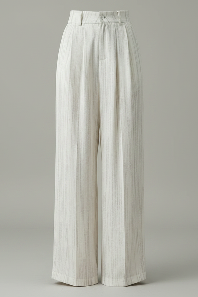 Pantalon Fluide Blanc Rayé Ample Taille Haute Élégant - Lin - vue 3