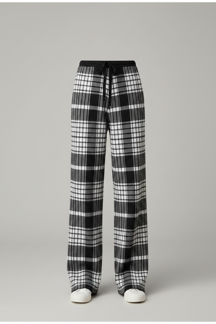 Pantalon Fluide Carreaux Noir Blanc Laine Ample - Imprimé - vue 3